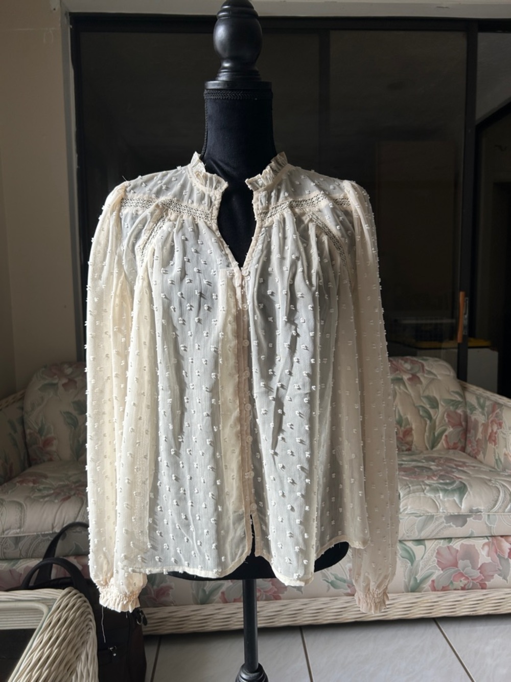 Cream Swiss Dot Ruffle Neck Blouse